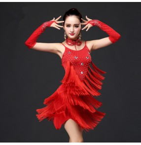 Royal blue red fuchsia hot pink rhinestones backless fringes tassels competition girls women's ladies female latin salsa samba cha cha dance dresses outfits